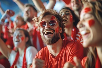 A sea of smiling faces, dressed in vibrant festival clothing, cheer and clap as a man on stage sings passionately against the backdrop of a red outdoor music festival - obrazy, fototapety, plakaty