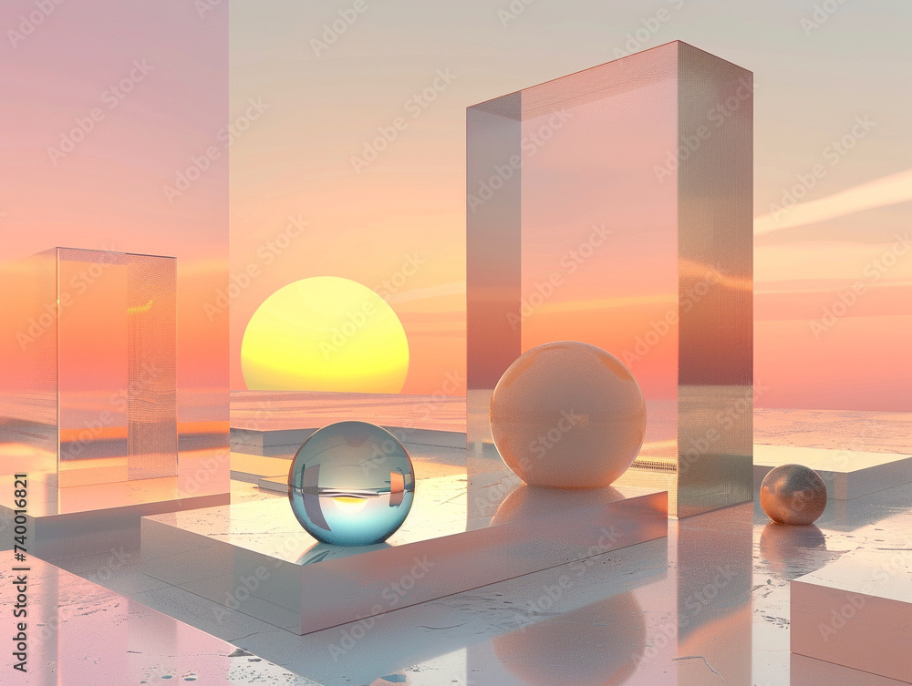 Poster 3d render of a series of sleek geometric forms against a sunset gradient