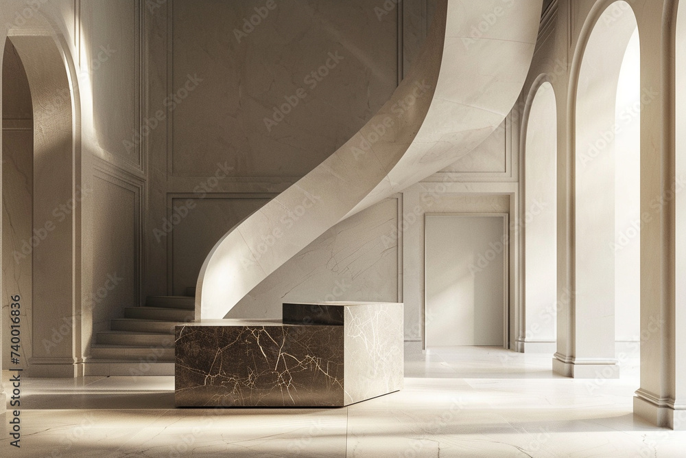 Poster 3d render of a simple elegant stand with a backdrop of a grand spiral staircase