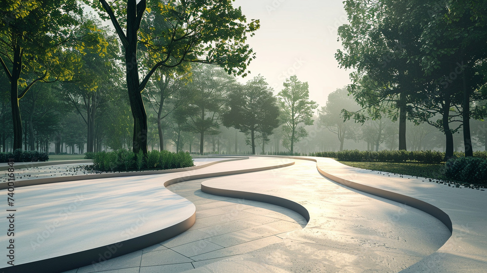 Poster 3d render of a simple geometric public park with clean lines