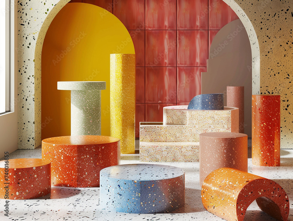 Poster 3d render of a set of colorful abstract shaped podiums in a playful setting