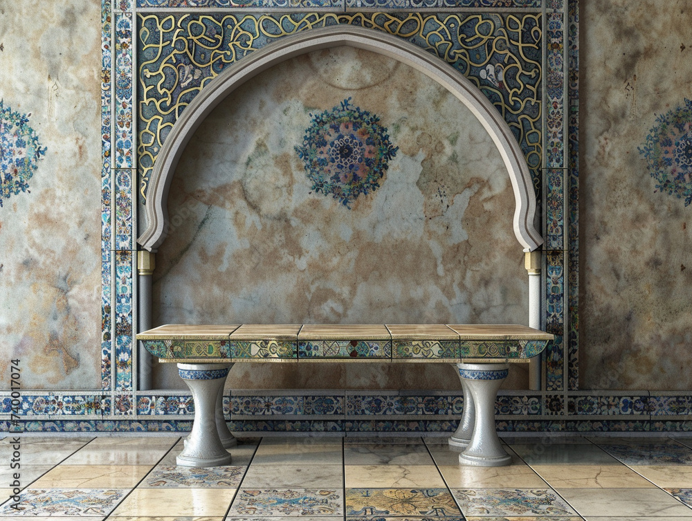 Poster 3d render of a simple stand with a backdrop of an intricate ornate tile mosaic
