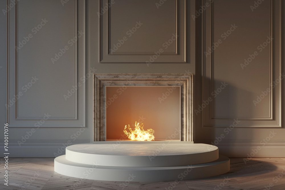 Poster 3d render of a simple white podium with a backdrop of a warm inviting fireplace