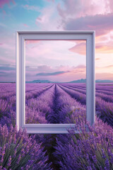 A window frame offers a unique view into a tranquil lavender field at dusk.
