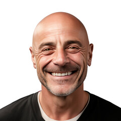 Close up portrait of a bald man smiling with happy expression, isolated on transparent background