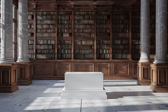 3d render of a simple white podium against a backdrop of an elegant classic library