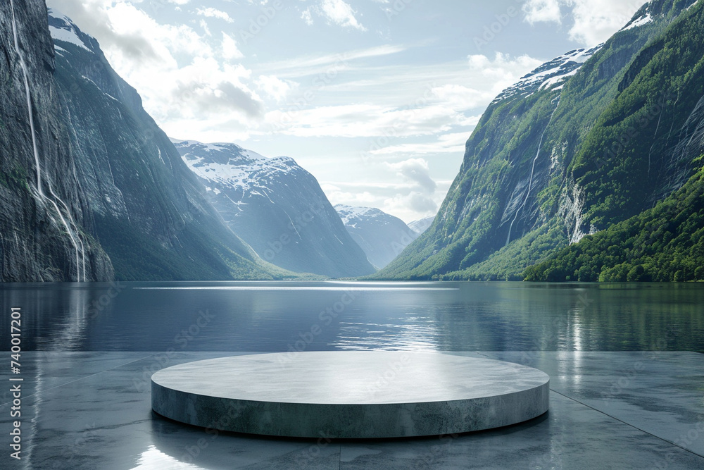 Poster 3d render of a sleek podium in front of a large panoramic view of a dramatic fjord
