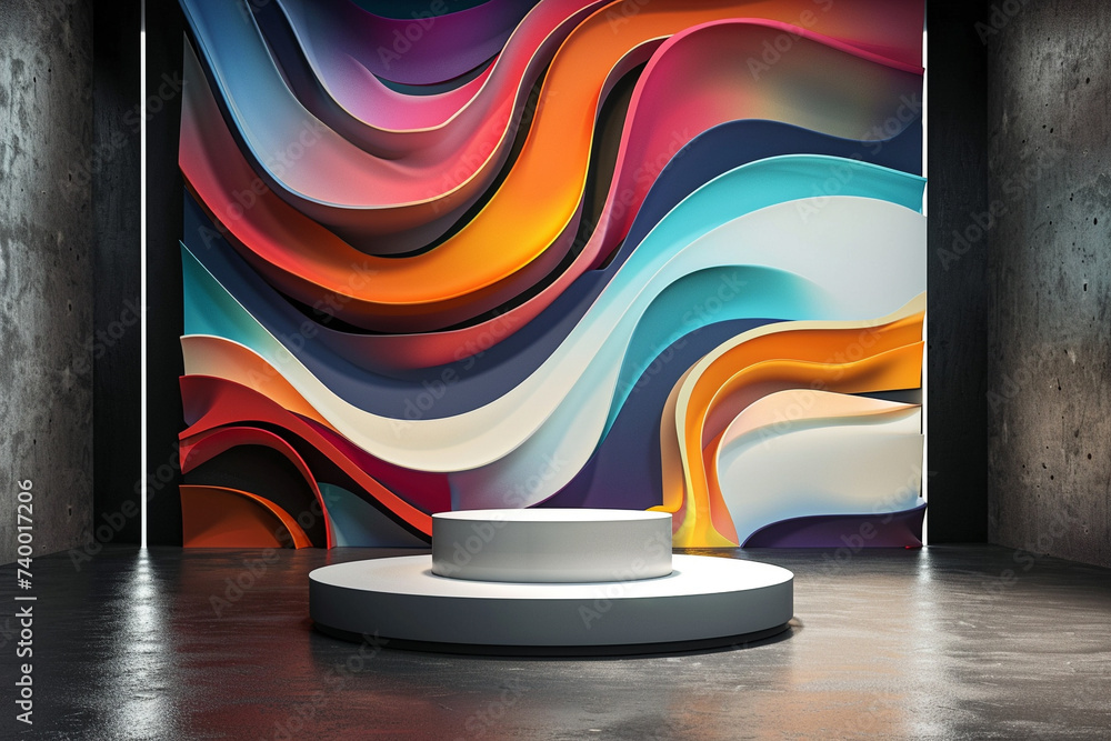 Poster 3d render of a sleek podium in front of a large abstract colorful mural
