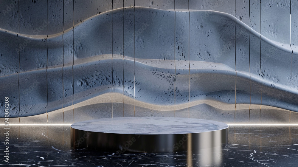 Poster 3d render of a sleek podium with a backdrop of digital pixelated waves