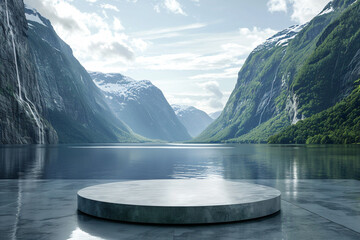 3d render of a sleek podium in front of a large panoramic view of a dramatic fjord