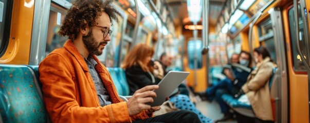 Man Sitting on Train Using Tablet - obrazy, fototapety, plakaty
