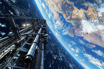 3d render of a space elevator connecting Earth to a geostationary platform
