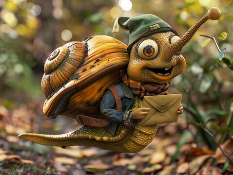 3d render of a snail mailman delivering letters at a snails pace
