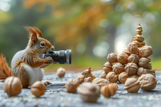 3d render of a squirrel photographer snapping pictures of nut sculptures