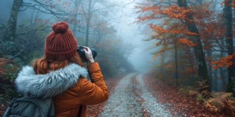 Female traveler capturing beauty of autumn forest young woman photography hiking embodying spirit of adventure and nature exploration showcasing happy tourist with camera and backpack