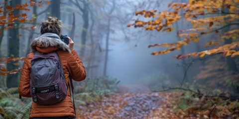 Obraz na płótnie Canvas Female traveler capturing beauty of autumn forest young woman photography hiking embodying spirit of adventure and nature exploration showcasing happy tourist with camera and backpack
