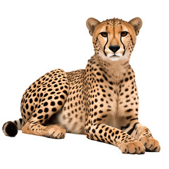 Portrait of a cheetah laying down, front view, isolated on white background