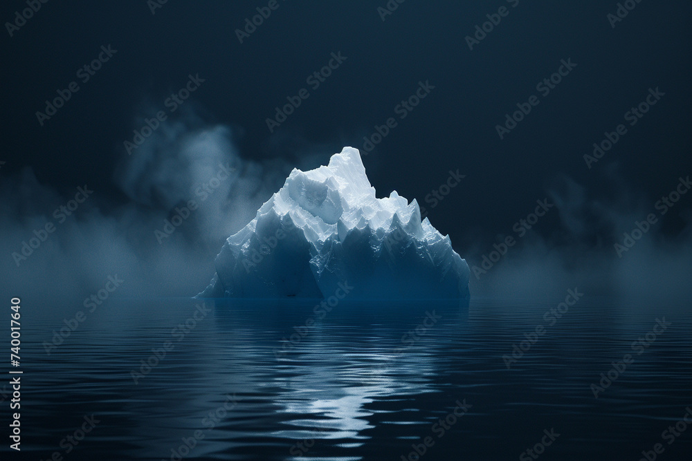 Poster 3d render of an abstract geometric iceberg floating in a dark sea