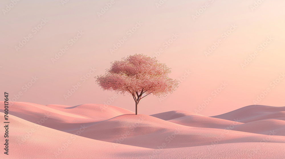 Poster 3d render of an abstract minimalist landscape with a single tree