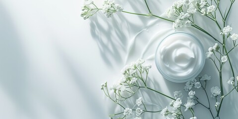 Abstract banner with skin care cosmetics with flowers on a white background. Minimalistic composition skin care concept. Top view.
