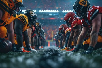 A fierce team of football players donning their protective helmets and sportswear, ready to dominate on the gridiron field - obrazy, fototapety, plakaty