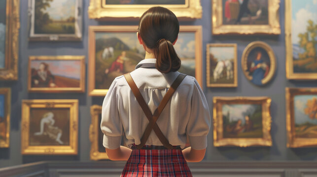 3d render of an AI art critic analyzing paintings in a virtual gallery