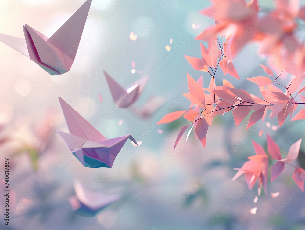 Poster 3d render of floating origami shapes in a soft dreamy environment