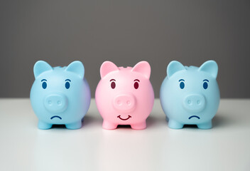 A happy piggy bank among sad ones. Save money in difficult economic conditions. A reliable and profitable way to save and invest. Economic depression. Stay in the black. Deposits