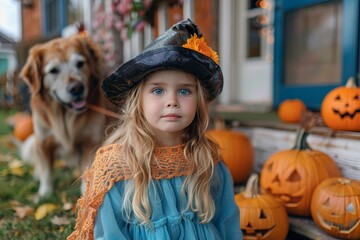 A playful girl in a vibrant pumpkin costume, accompanied by her loyal dog, excitedly explores the autumnal outdoors while trick-or-treating on halloween