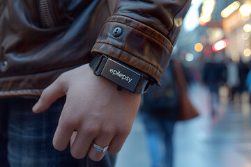Close-up of a leather-clad arm wearing a wristband labeled "epilepsy". 