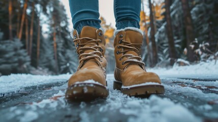 person with boots walking on a frozen street covered in snow in winter in high resolution and quality