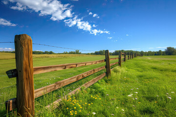 Obraz premium wooden fence and a field along with a blue sky. idyllica rural scene with wooden fence and fields