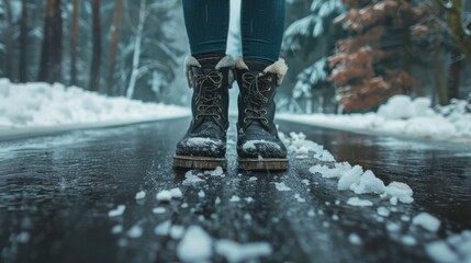 person with boots walking on a frozen street covered in snow in winter in high resolution and high quality