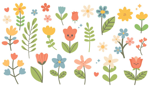 Cute vector flowers. Hello spring. Isolated set with cute spring flowers and leaves in flat style. Kids design, for fabric, wrapping, textile, wallpaper. Garden floral plants set.