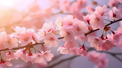 Naklejka premium Cherry blossoms in full bloom create a soft and dreamy atmosphere
