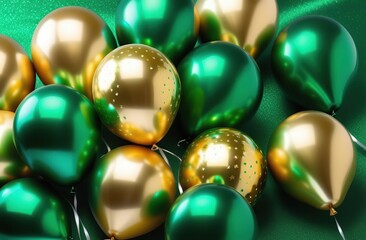 St patrick s Day party decoration. gold and green foil balloons of stars and round shapes
