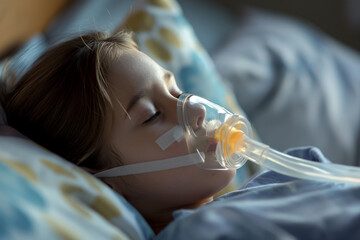 Girl 5 years wearing oxygen mask sleeping in bed, recovering after sickness in hospital ward - obrazy, fototapety, plakaty