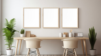 Clean and Bright Office Space with Trio of Blank Frames and Wooden Desk