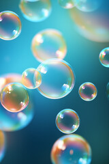 Naklejka premium Beauty of translucent soap bubbles, shimmering with iridescence as they float through the air, illuminated by soft, warm sunlight.