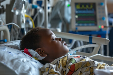 african boy 5 years lies in a hospital ward, connected to life support equipment, monitors - obrazy, fototapety, plakaty