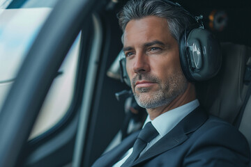 Attractive middle age businessman in suit using private helicopter to travel to a business meeting