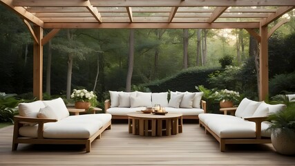 Serene Outdoor Living Space With Plush White Sofas and Wooden Pergola