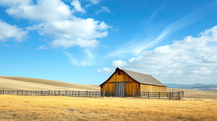 Obraz premium a barn with a fence and a blue sky in the field