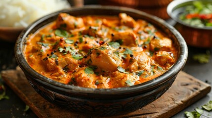 Close view of an Indian butter chicken dish, creamy texture and warm spices, authentic recipe - obrazy, fototapety, plakaty