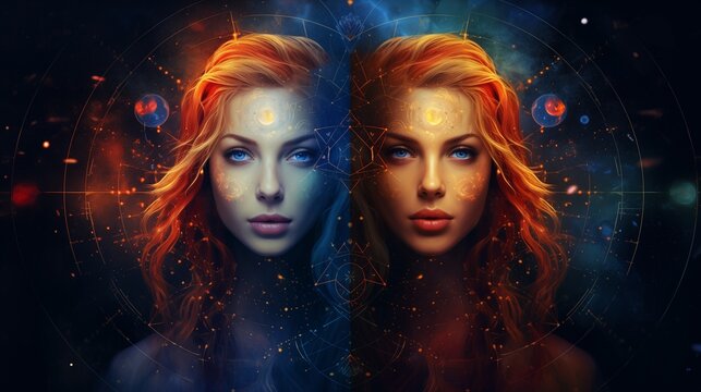 Zodiac sign gemini in cosmic space. Two women in space. Generative AI.