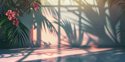 Abstract studio background for product presentation room with shadows, flowers, palm leaves - Ai Generated
