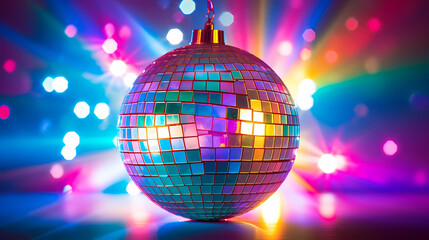 Obraz premium Disco ball sphere with colorful disco lights at party