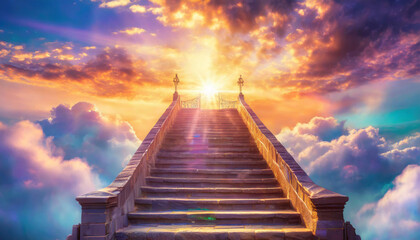 Religion conceptSunset or sunrise with clouds,stairs to heaven,bright light from heaven,stairway leading up to skies clouds.Light from sky.Blurred soft image.Beautiful religious background. - obrazy, fototapety, plakaty