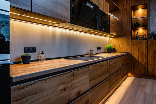 wooden kitchen with cabinets and lights. contemporary kitchen in a modern style. home interior concept