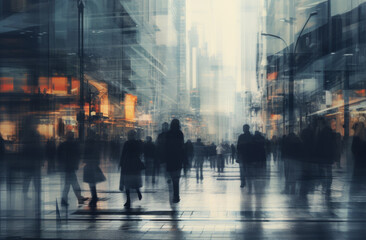 A group of people walking in the city at night, surrounded by the glowing lights and reflections of the buildings, braving the rain with determination and camaraderie - obrazy, fototapety, plakaty